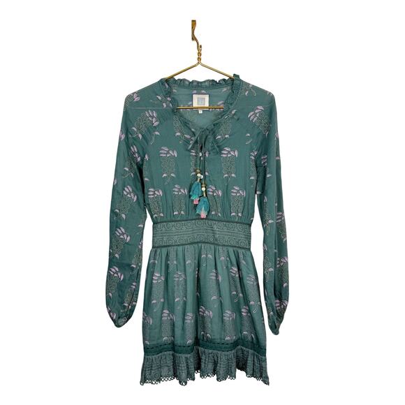 Bell by Alicia Bell Block Print Mini Dress Long Sleeve Green Tassel Tie Boho S - Picture 1 of 12